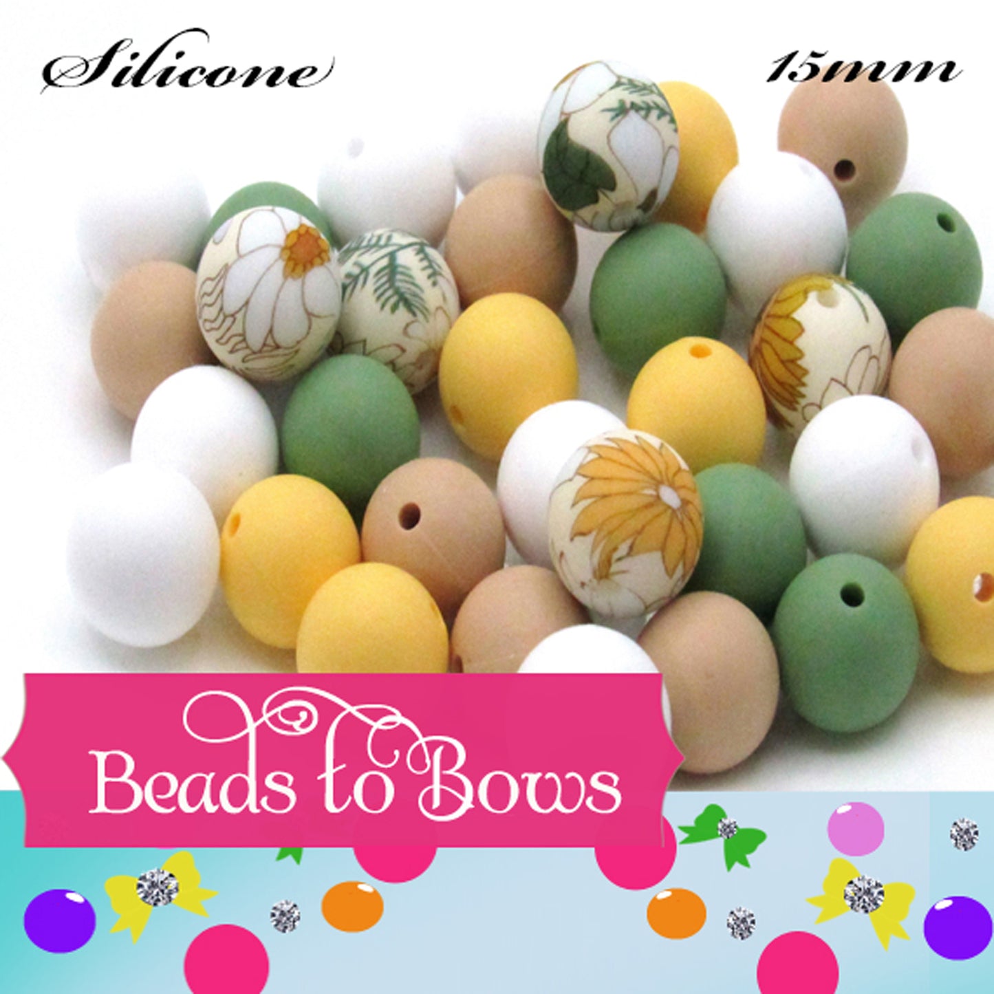 Silicone bead mix, 15mm White and Gold Daisy Print, Silicone Bead Mix, Printed Silicone Bead Teething Beads