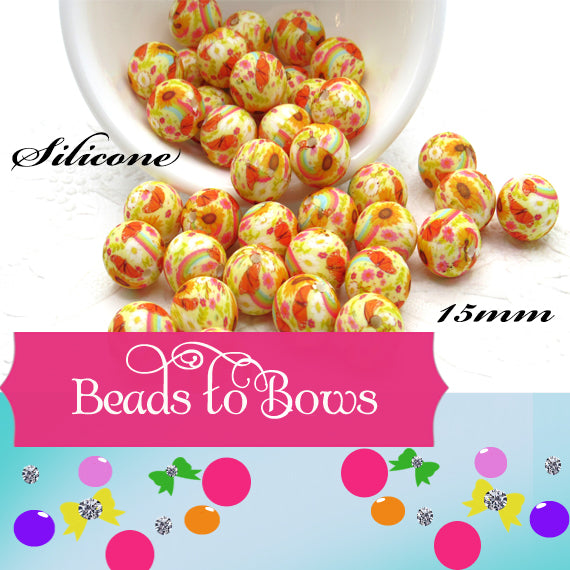 Silicone Prints 15mm Beads, Crazy Daisy 15mm beads in a colorful design