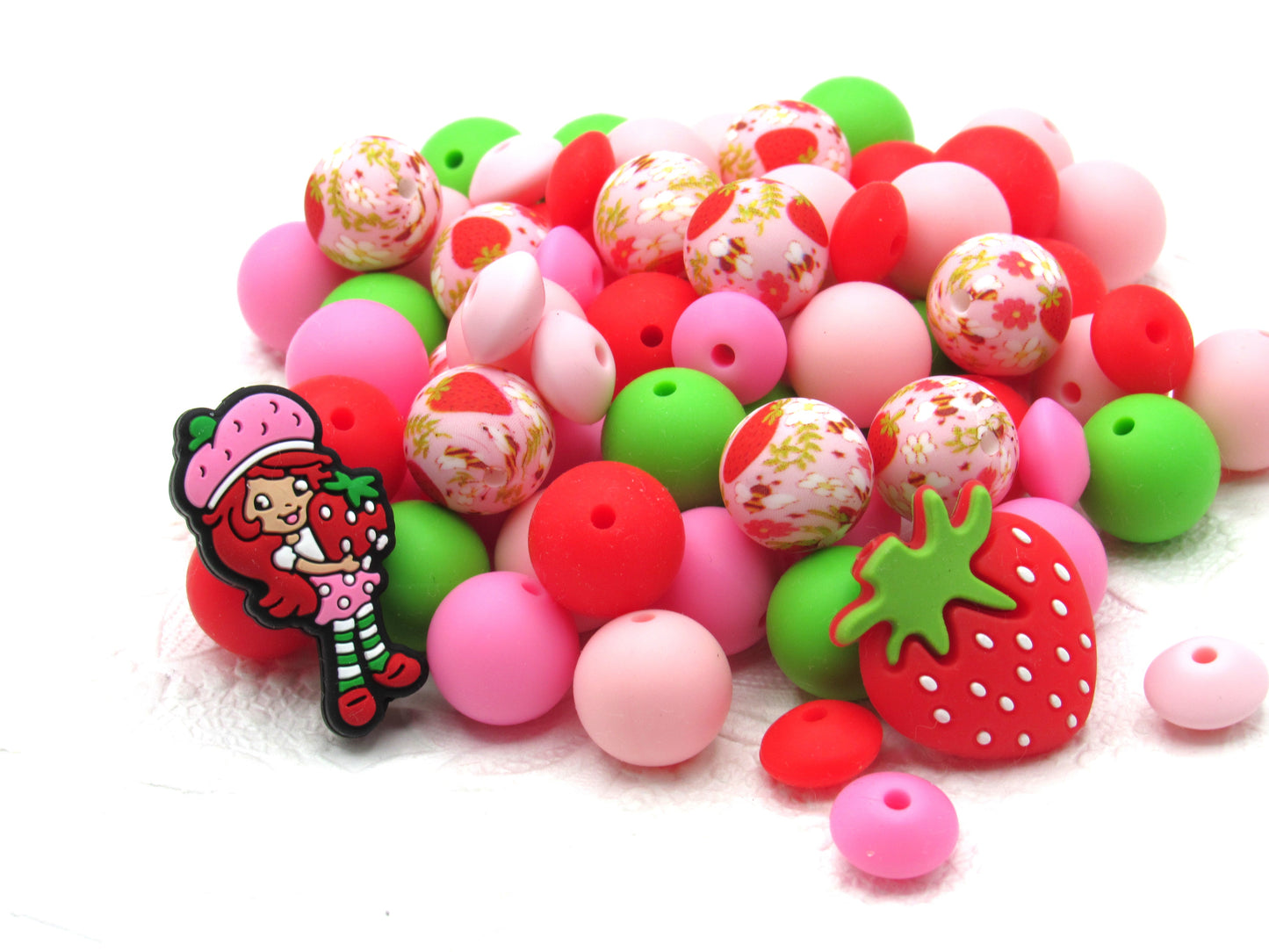 Silicone bead mix Strawberry Print Silicone Bead Mix, Silicone Teething Beads, Silicone Wristlets, Key Chain Bracelet Beads. Food Grade Silicone
