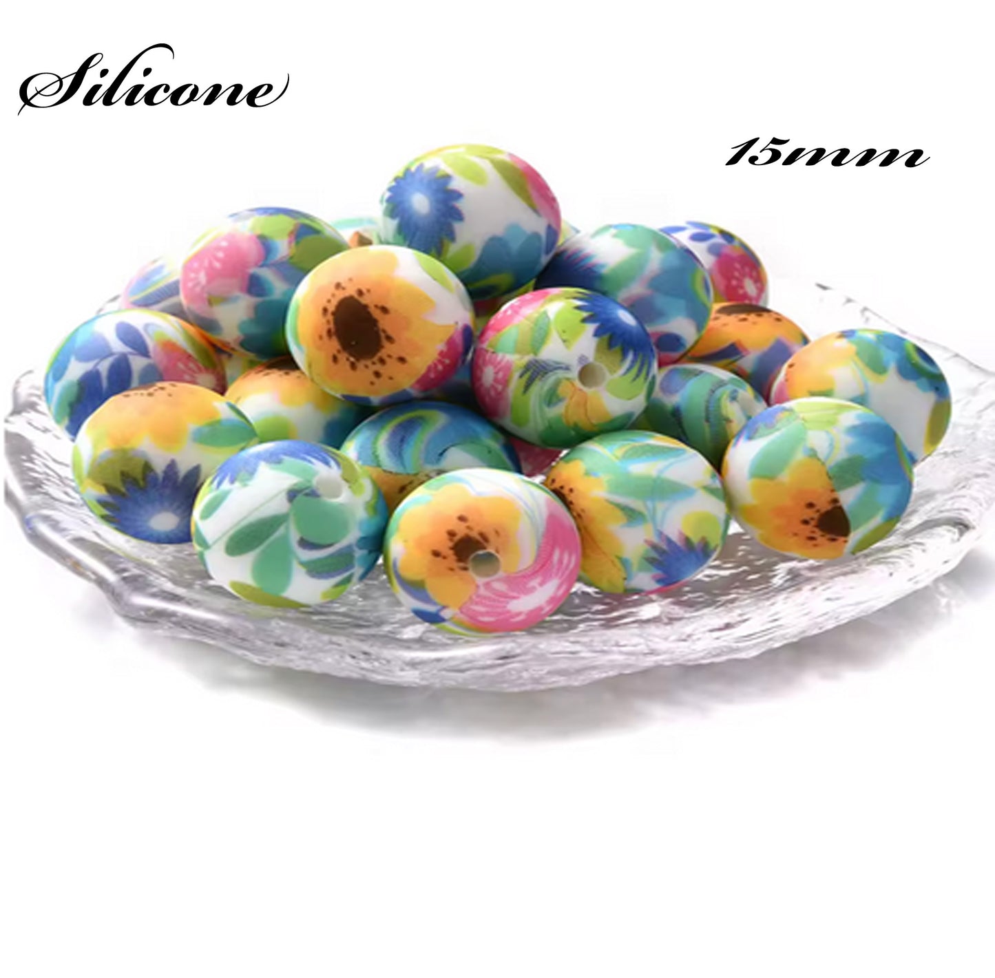 Silicone prints 15mm floral Printed Beads