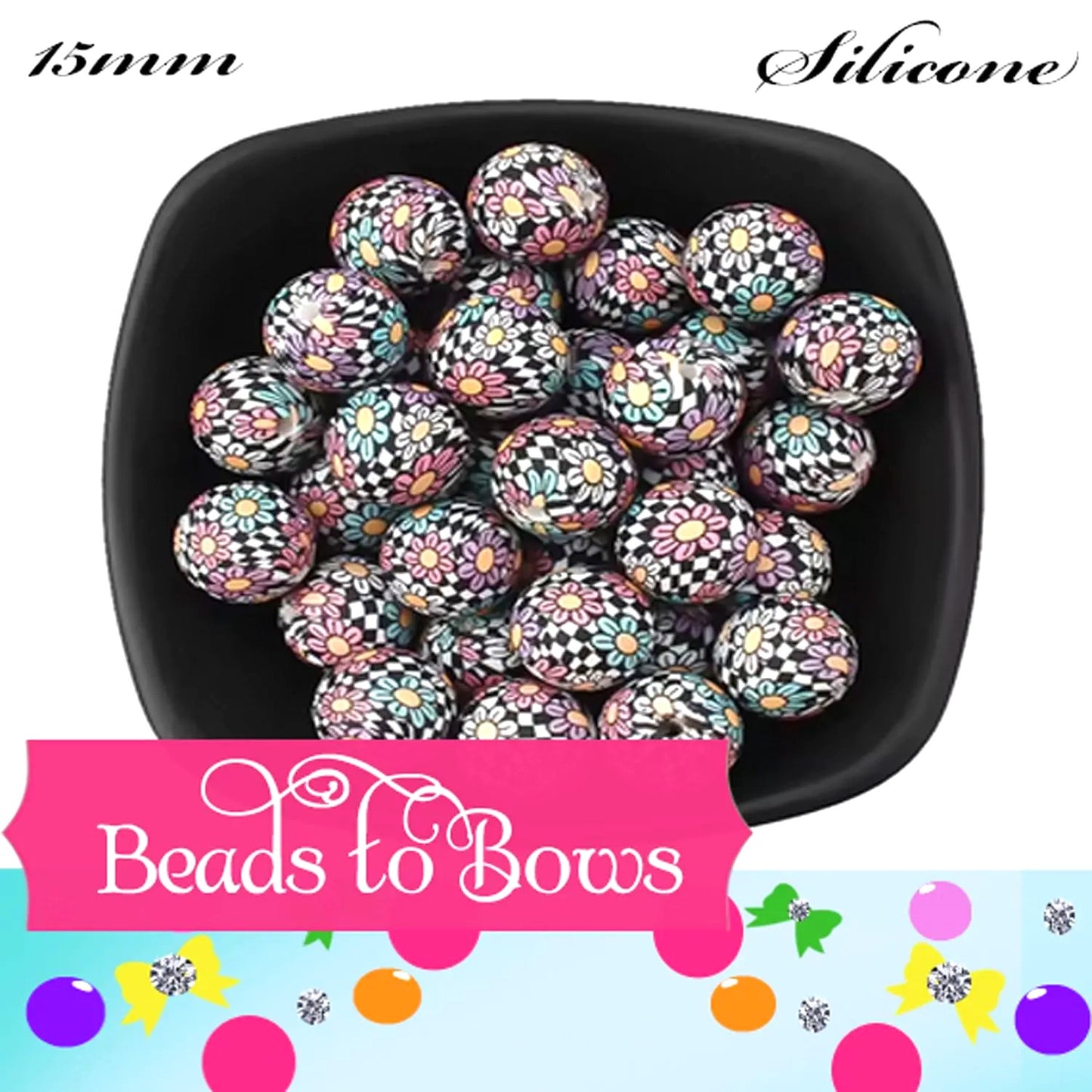 Silicone prints Beads, Floral printed Beadable pen beads, 15mm beads