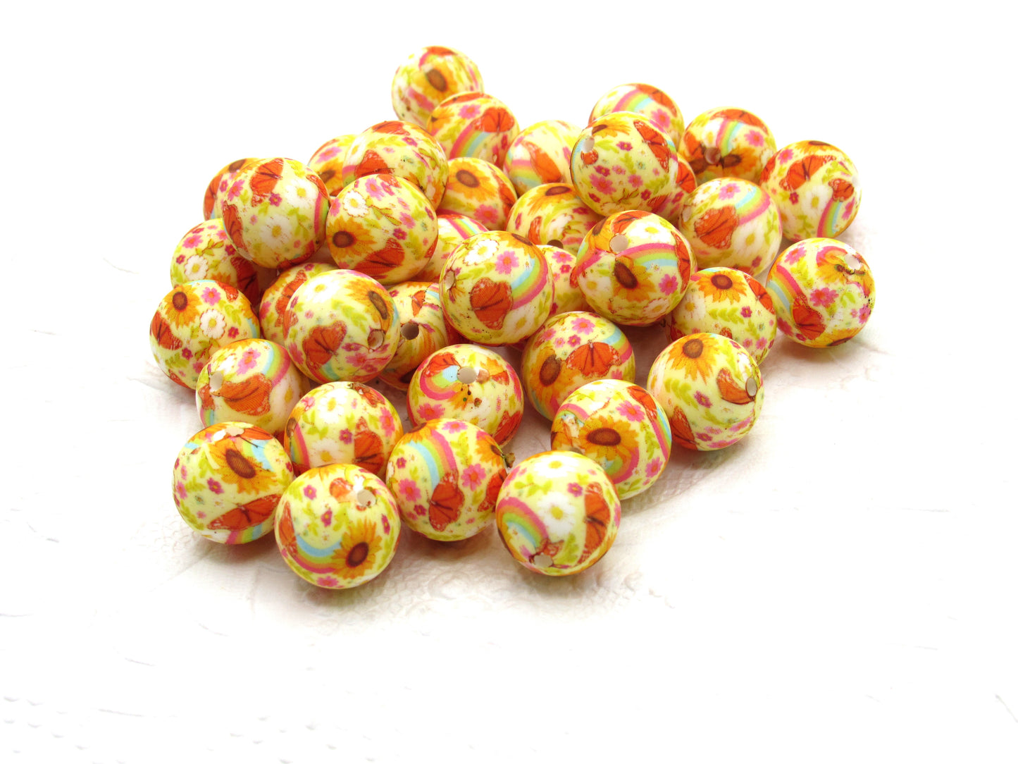Silicone Prints 15mm Beads yellow with tiny floral blossoms