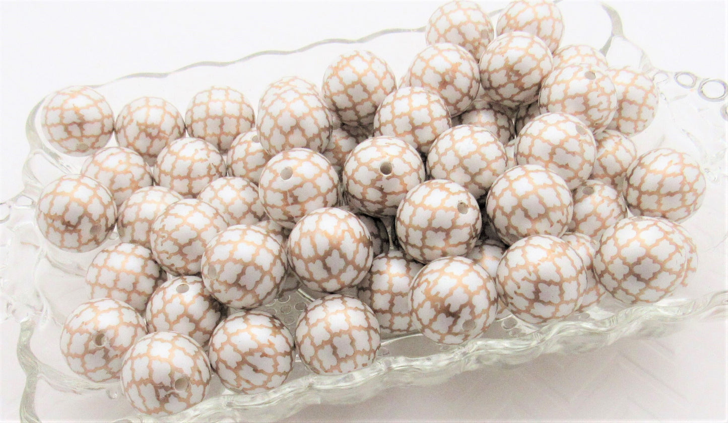 20mm Gold on White Swirl Printed Pearls, Bubblegum Beads, Chunky Gumball Beads, Bubblegum Bead Supply, Chunky Printed Pearl Beads