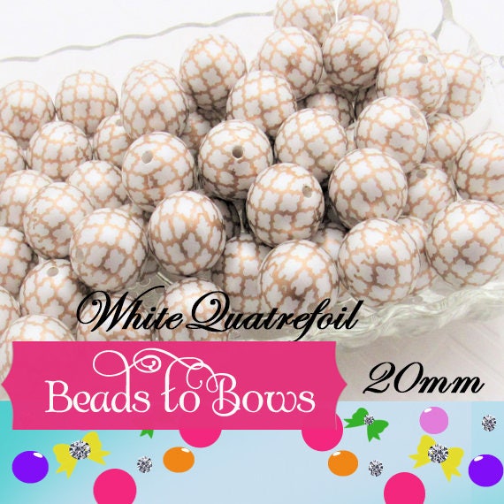 20mm Gold on White Quatrefoil Printed Pearls, Bubblegum Beads, Chunky Gumball Beads, Bubblegum Bead Supply, Chunky Printed Pearl Beads