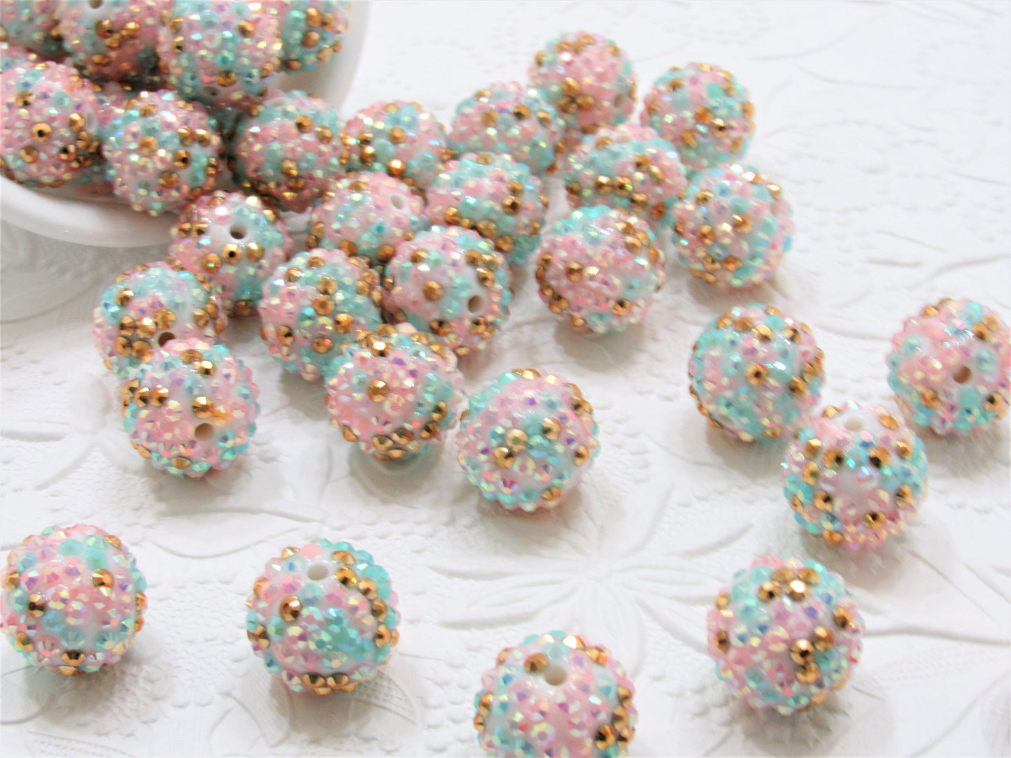 Chunky Rainbow 20mm Rhinestone Beads, Pink Gold and Aqua Confetti Beads, Bubblegum Rhinestone Beads, Chunky Rhinestone beads, Bead Supply