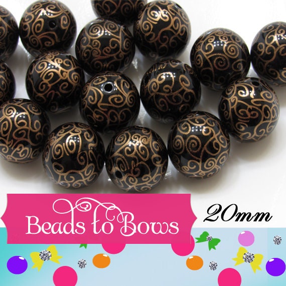 20mm Printed Swirls Gold on Black Pearls, Bubblegum Beads, Chunky Gumball Beads, Bubblegum Bead Supply, Chunky Printed Pearl Beads