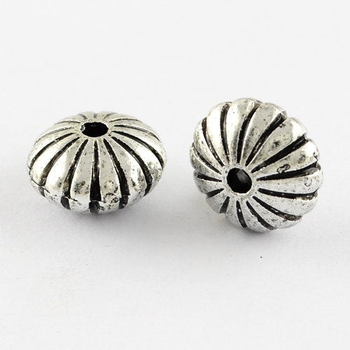 25 count 8mm X 14mm Vintage Acrylic Bubblegum Beads, Flat Round, Antique Silver Bead Spacers, 8x14mm, Hole: 3mm