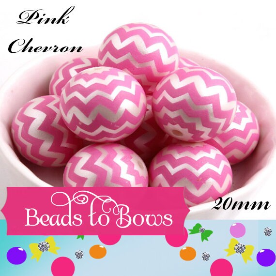 20mm Pink Chevron on Matte White Pearls, Bubblegum Beads, Chunky Gumball Beads, Bubblegum Bead Supply, Chunky Printed Pearl Beads