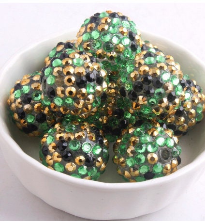 NEW 20mm Green, Gold & Black Confetti Rhinestone Beads, Bubblegum Rhinestone Beads, Chunky Rhinestone Beads, Chunky Bead Supply
