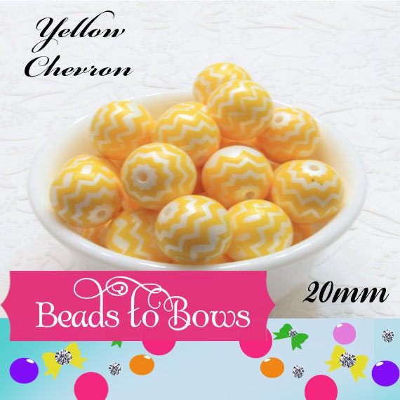 20mm Yellow Chevron on Matte White Pearls, Bubblegum Beads, Chunky Gumball Beads, Bubblegum Bead Supply, Chunky Printed Pearl Beads