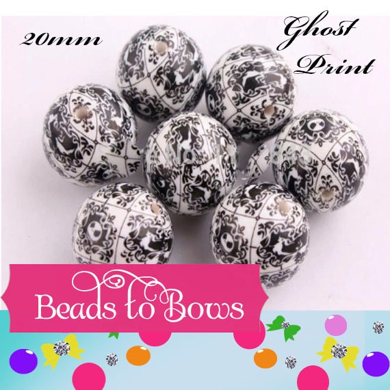 New 20mm Ghost Print Bubblegum Beads, Halloween Bubblegum Bead Supply, Black Ghosts on White Beads, Jack Skellington Chunky Beads