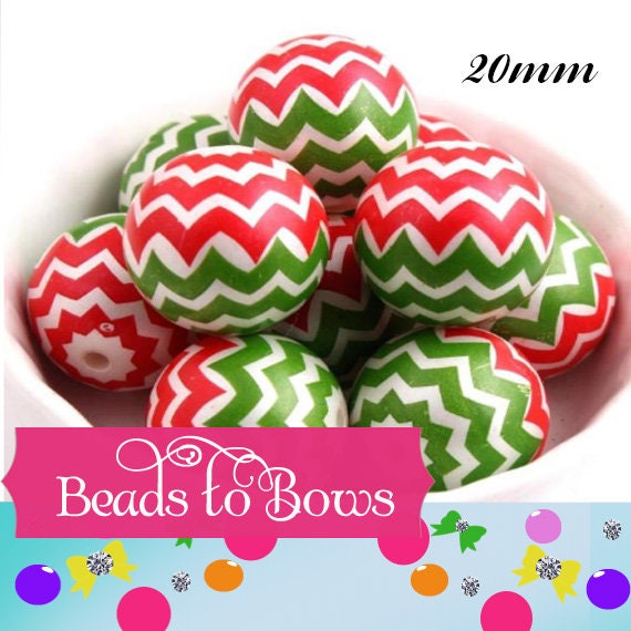 NEW 20mm Printed Chevron Red and Green Bubblegum Beads, Chunky Gumball Beads, Bubblegum Bead Supply, Chunky Printed Pearl Beads