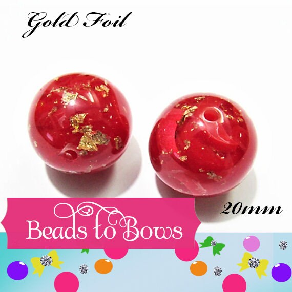 NEW 20mm Gold Foil In Red Resin BUbblegum Beads, Red Foil Bubblegum Beads, Chunky Foil Bead, Chunky Bubblegum Gold In Red Bead Supply