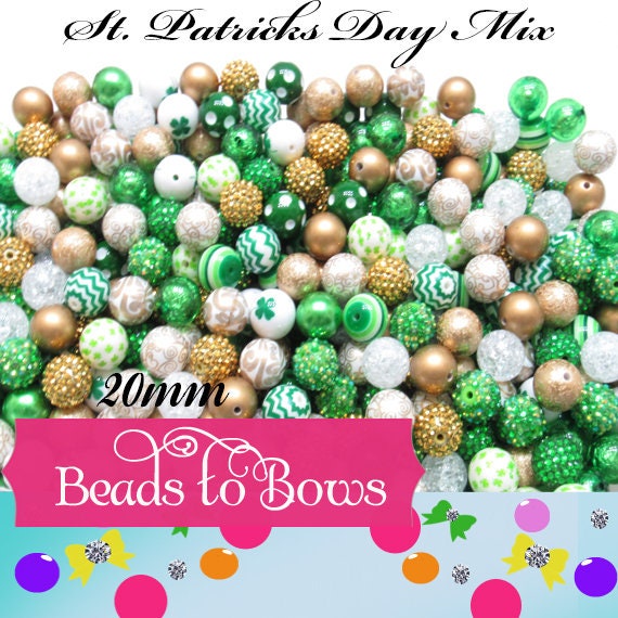 20mm St. Patricks Day Bead Mix, Green Gold White St Patricks Day Beads, Acrylic Bubble Gum Beads, Round Bubblegum Beads Gumball Beads 20mm