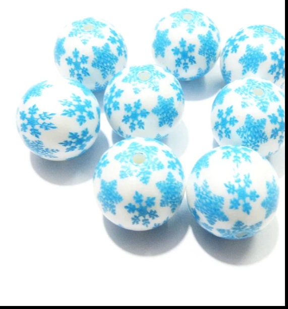 NEW 20mm Silver Snowflakes On Blue Bubblegum Beads, Blue Snowflakes On White Beads, Chunky Bubblegum Necklace Beads, Chunky Bead Supply