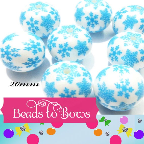 NEW 20mm Silver Snowflakes On Blue Bubblegum Beads, Blue Snowflakes On White Beads, Chunky Bubblegum Necklace Beads, Chunky Bead Supply