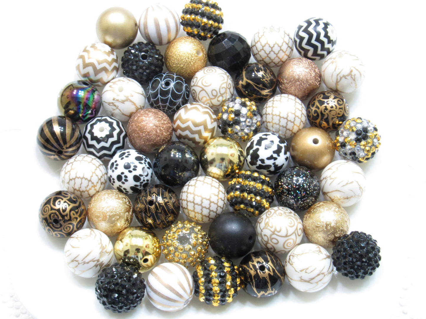 12 or 24Ct. 20mm White Gold And Black Bubblegum Bead Mix, Beadable Pen Mix, Acrylic Gold Black & White Acrylic Beads,