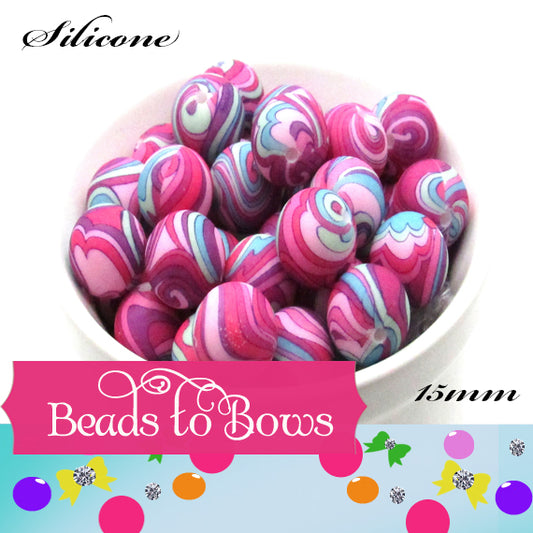 Silicone Prints, Mulberry swirls 15mm beads in a colorful swirling design
