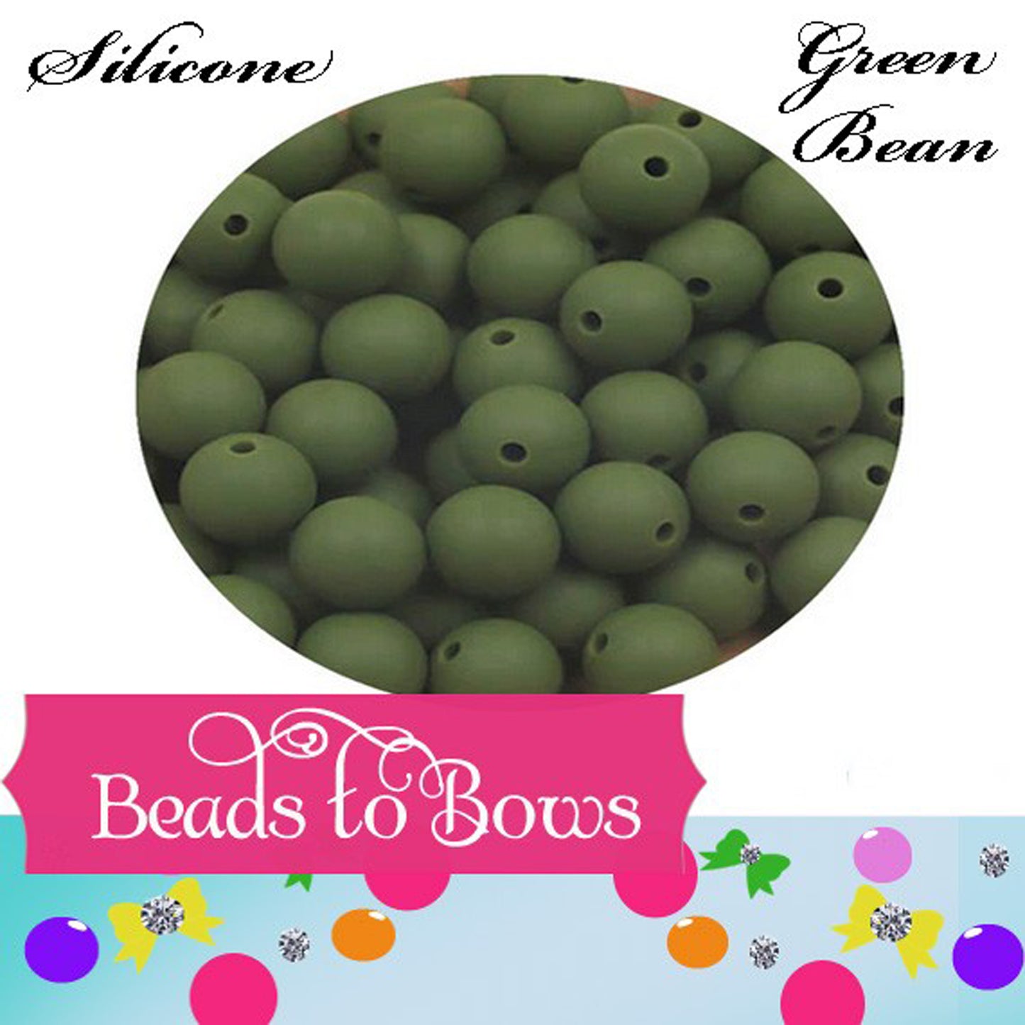 Silicone solids 15mm Green bean Silicone Beads, Solid Lime Silicone