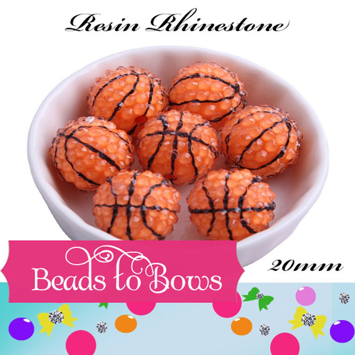 20mm Rhinestone Basket Ball Beads, Orange Basketball Beads, Bubblegum Beads, Chunky Necklace Supply Bead, Basketball Mom Sports Bead (Copy)