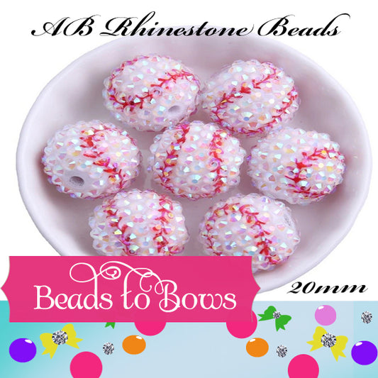 20mm AB Rhinetone Baseball Beads, Red and White Baseball Beads, Bubblegum Beads, Chunky Beads
