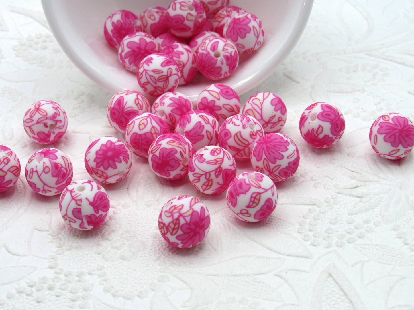 Silicone prints Pink Butterflies and pink flowers on white beads