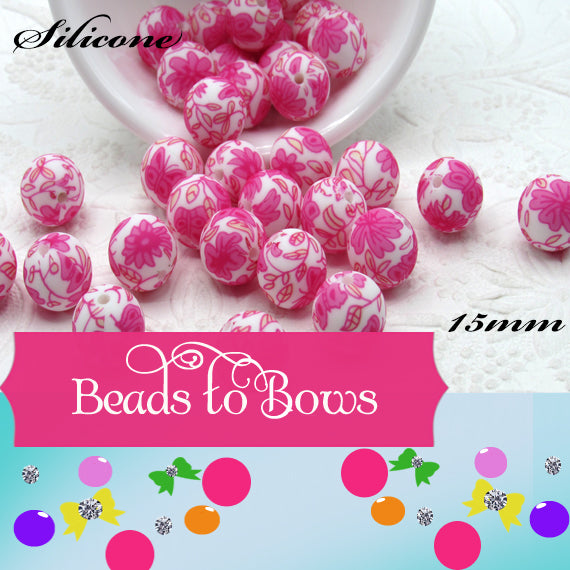 Silicone prints Pink Butterflies and pink flowers on white beads