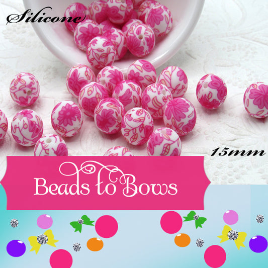 Silicone prints Pink Butterflies and pink flowers on white beads