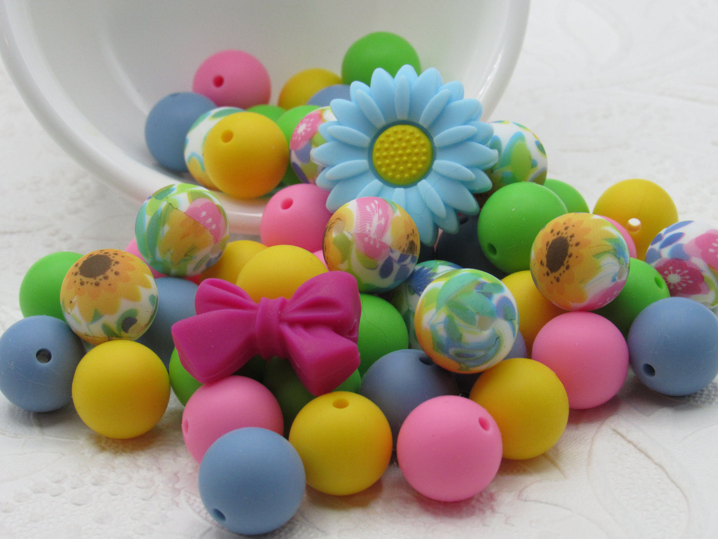 Silicone bead mix, Bow and Flower  15mm beads floral print plus 10 of each coordinating colors