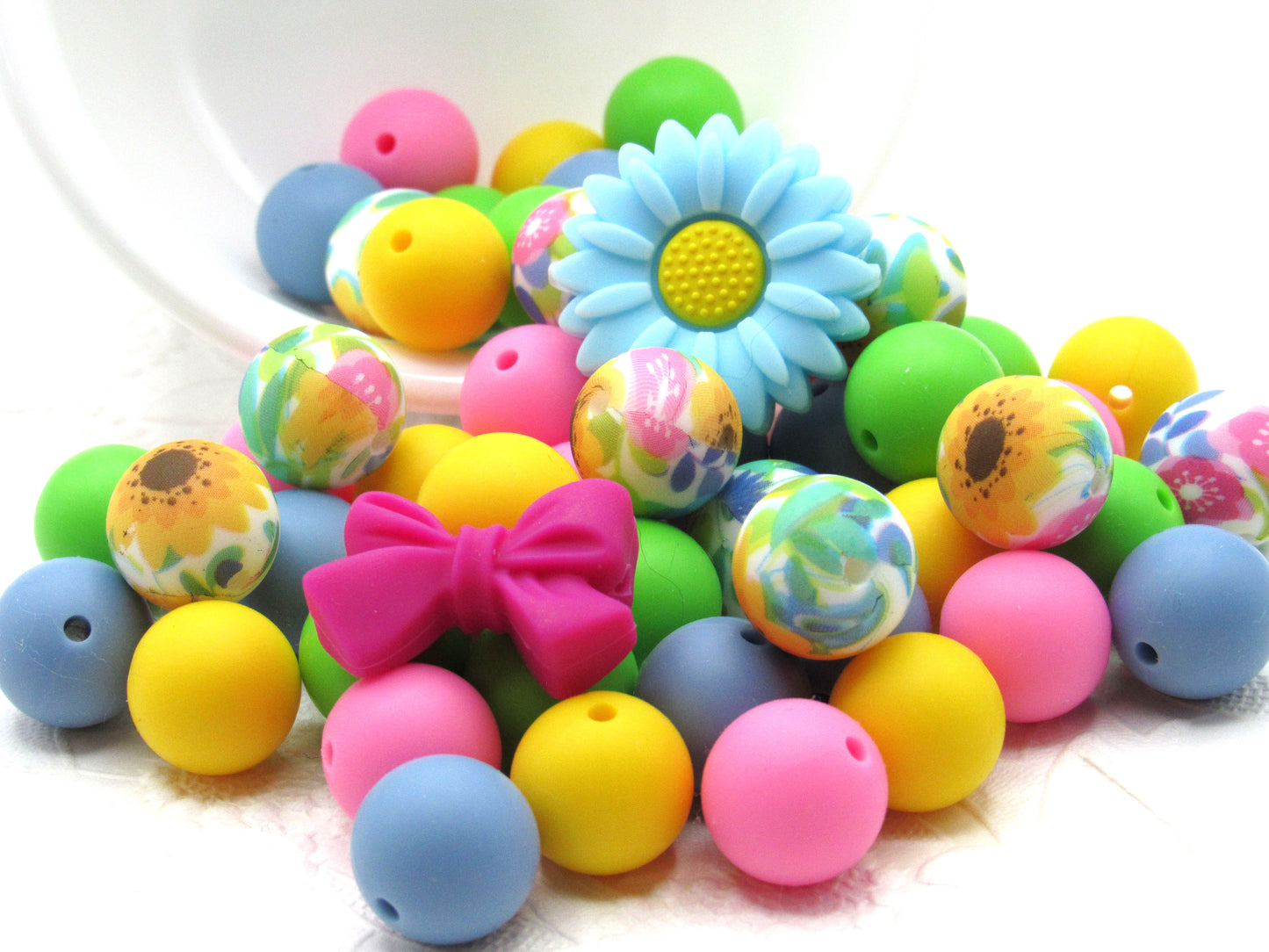 Silicone bead mix, Bow and Flower  15mm beads floral print plus 10 of each coordinating colors
