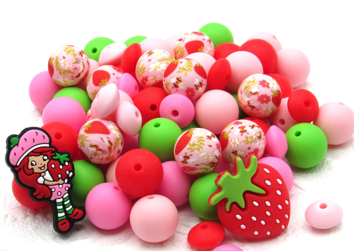 Silicone bead mix Strawberry Print Silicone Bead Mix, Silicone Teething Beads, Silicone Wristlets, Key Chain Bracelet Beads. Food Grade Silicone