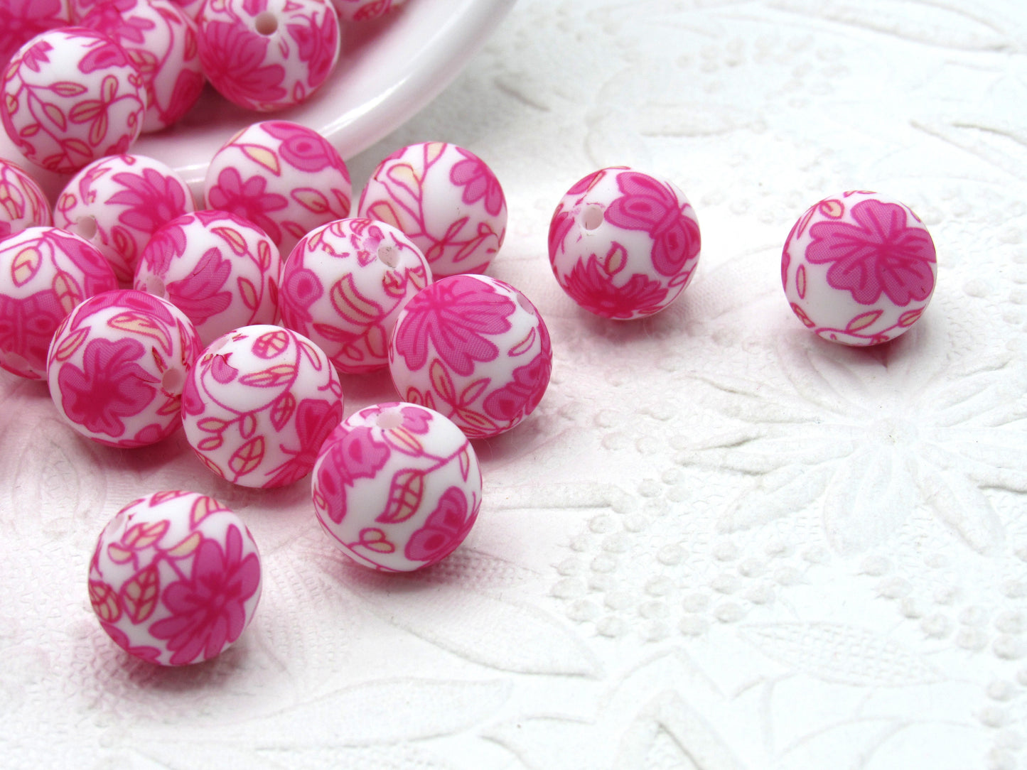 Silicone prints Pink Butterflies and pink flowers on white beads