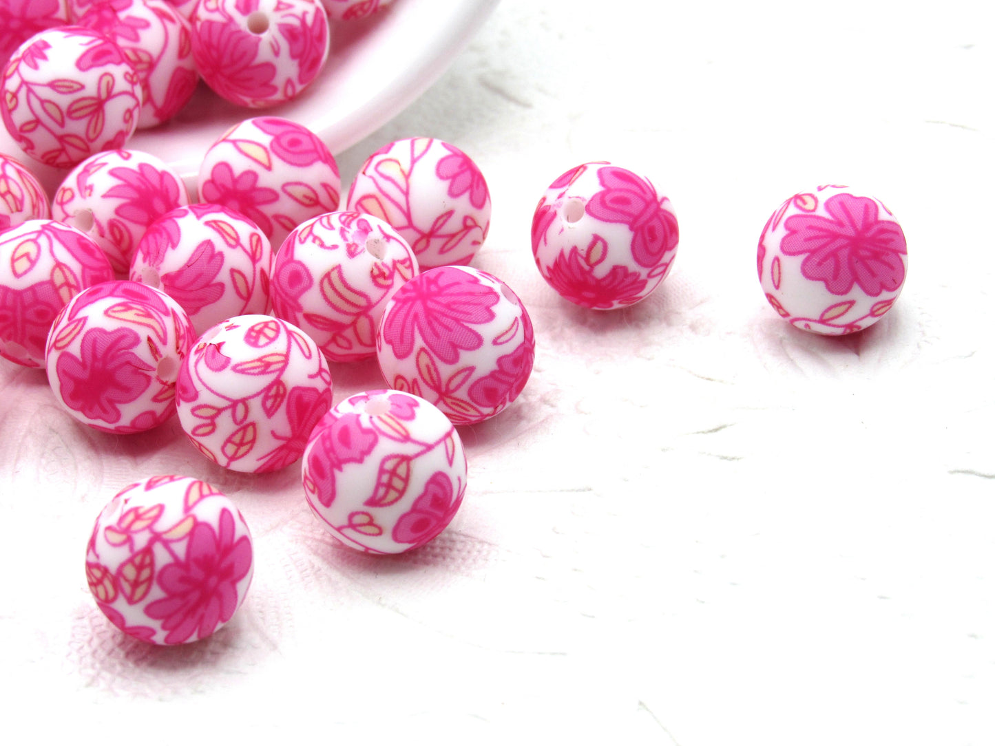 Silicone prints Pink Butterflies and pink flowers on white beads