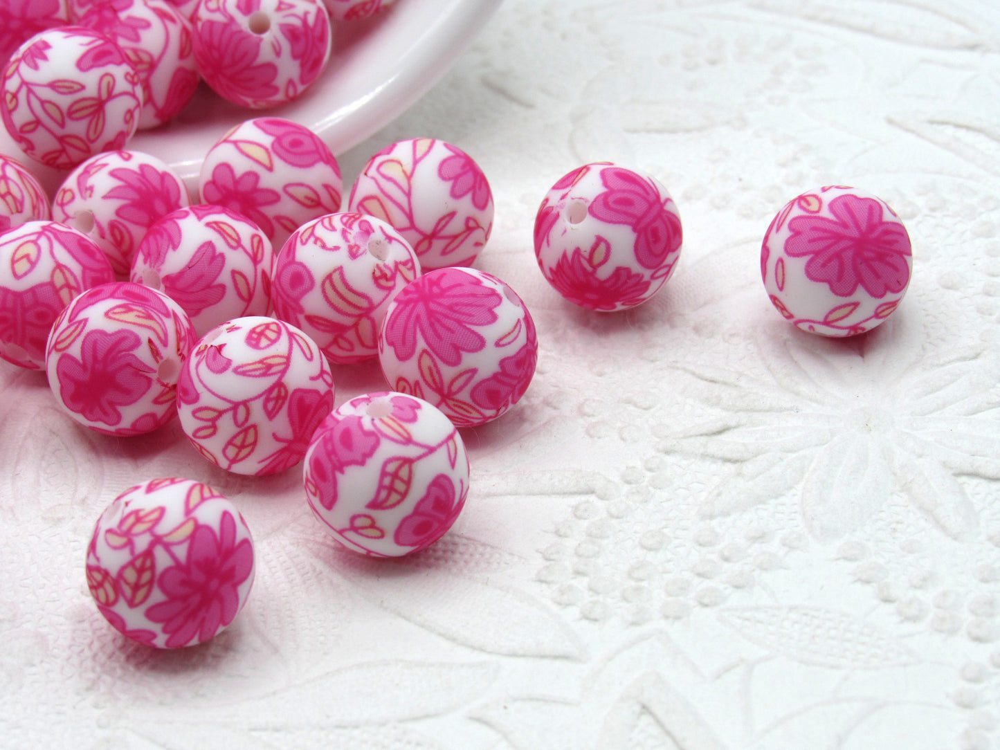 Silicone prints Pink Butterflies and pink flowers on white beads