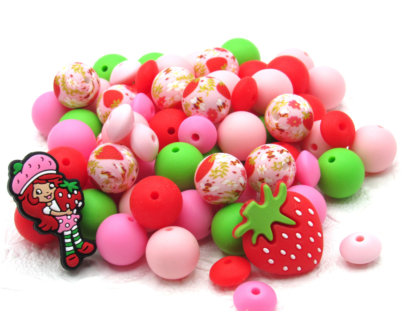 Silicone bead mix Strawberry Print Silicone Bead Mix, Silicone Teething Beads, Silicone Wristlets, Key Chain Bracelet Beads. Food Grade Silicone