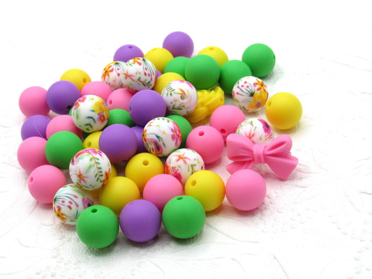 Silicone printed mix, 15mm floral bead mix plus 4 other coordinating colors