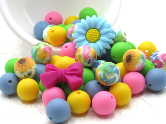 Silicone bead mix, Bow and Flower  15mm beads floral print plus 10 of each coordinating colors
