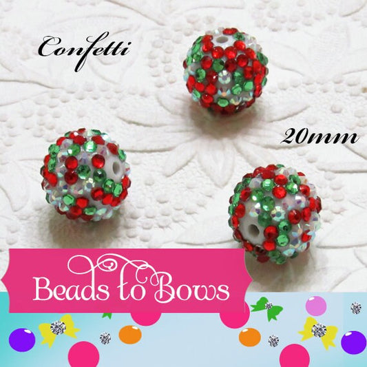 20mm Red Green on White Rhinestone Beads, Christmas Confetti Bubblegum Rhinestone Beads, Chunky Rhinestone Beads, Chunky Bead Supply