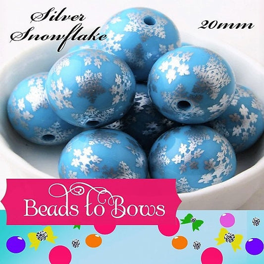 NEW 20mm Silver Snowflakes On Blue Bubblegum Beads, Blue Snowflakes On White  Beads, Chunky Bubblegum Necklace Beads, Chunky Bead Supply