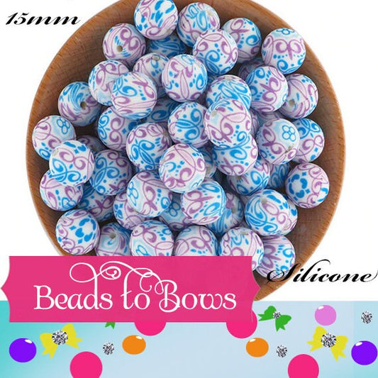 15mm Purple and Blue Swirl Print  Silicone Beads, Baby Teething Beads, Beads For Wristlet Key Chain, Food Grade Beads