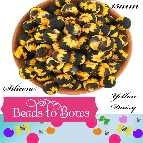 15mm Yellow Daisy Silicone Beads, Baby Teething Beads, Beads For Wristlet Key Chain, Food Grade Beads