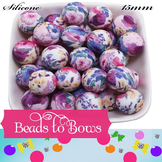 15mm Mulberry Flower Print Silicone Bead, Printed Silicone Beads, Teething Beads, Food Grade Silicon Beads, Key Chain Silicone Beads