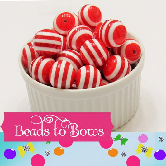 20mm Red And White Striped Bubblegum Beads, Chunky Beads, Striped Gumball Beads,  Bubblegum Necklace Supply Beads, Bright Striped Beads
